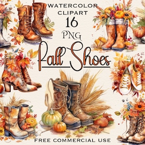 Bundle de chaussures d'automne png, clipart récolte aquarelle, images de bottes d'automne fond transparent, oeuvre d'art numérique saisonnière, usage commercial gratuit