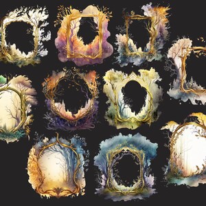 May include: A collection of watercolor frames with a fantasy forest theme. Each frame features a gold border with intricate tree and foliage designs, and a colorful watercolor background. The frames vary in shape and size, with a dark background.