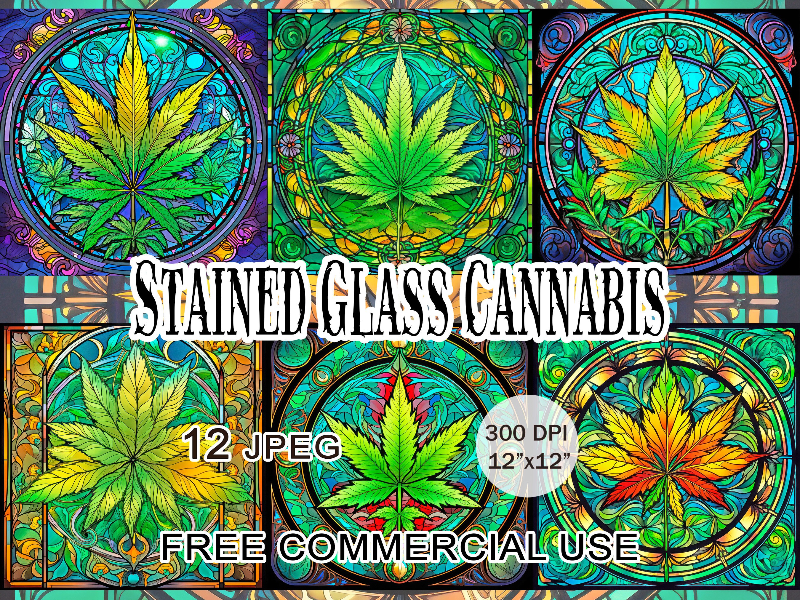 Stained Glass Cannabis Clipart, Heamp Leaf Art, Marijuana Leaves