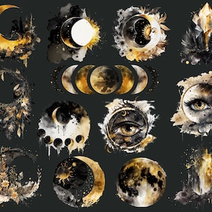 May include: A set of 13 digital illustrations featuring watercolour-style moons, eyes, crystals, and sun symbols in gold and black tones. The illustrations are perfect for creating mystical and magical designs.