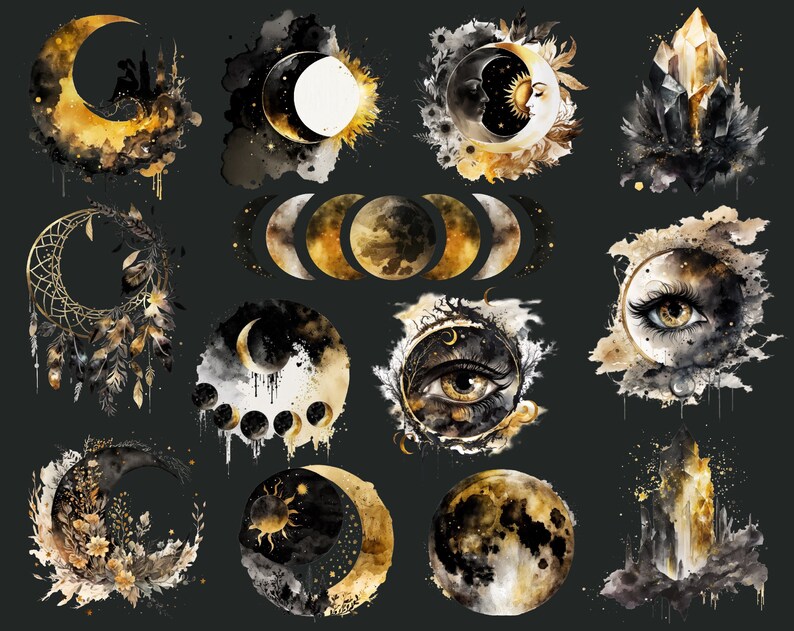 May include: A set of 13 digital illustrations featuring watercolour-style moons, eyes, crystals, and sun symbols in gold and black tones. The illustrations are perfect for creating mystical and magical designs.