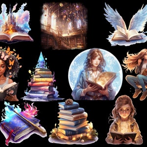 May include: A collection of illustrations featuring books and magic.  A book with a castle rising from its pages, a stack of books with a blue and purple magical glow, a book with wings, a woman reading a book with a magical glow, a woman reading a book with a magical glow, a stack of books with a magical glow, a book with a wand and a magical glow, and a woman reading a book with a magical glow.