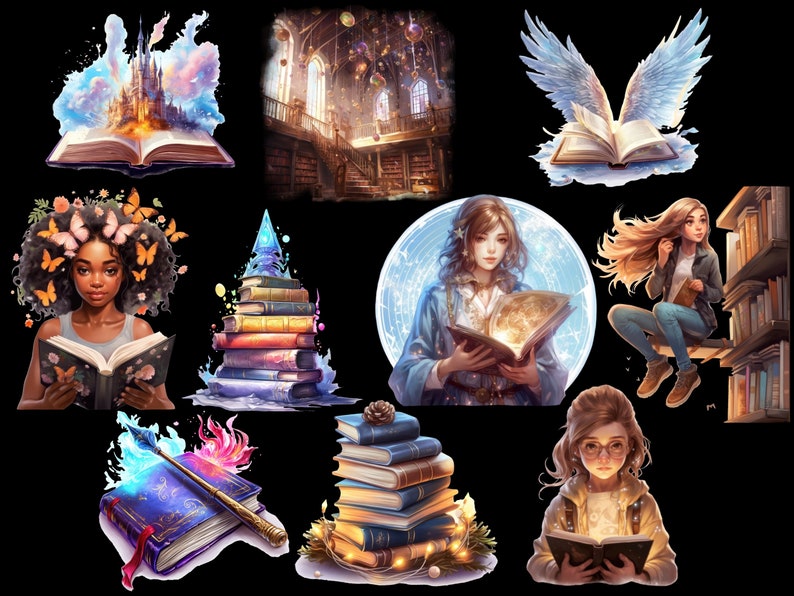 May include: A collection of illustrations featuring books and magic.  A book with a castle rising from its pages, a stack of books with a blue and purple magical glow, a book with wings, a woman reading a book with a magical glow, a woman reading a book with a magical glow, a stack of books with a magical glow, a book with a wand and a magical glow, and a woman reading a book with a magical glow.