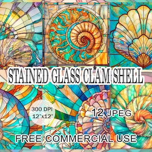 Imágenes prediseñadas de concha de almeja de vitral, patrón de vitral náutico, imágenes prediseñadas de concha marina Art Nouveau, imágenes prediseñadas de caracola, arte de conchas de ostras de nácar