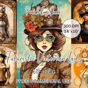 Bundle futuriste de cartes de dame victoriennes, éphémères steampunk vintage imprimables, clipart steampunk de journal indésirable de fille, papier d'art numérique de femme