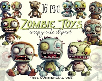 Peut inclure: 16 images PNG de jouets zombies mignons et cousus. Les jouets sont verts, bleus et bruns avec des coutures cousues et des yeux dépareillés. Le texte "ZOMBIE TOYS creepy cute clipart" est au centre de l'image. Le texte "FREE COMMERCIAL USE" est en bas de l'image.