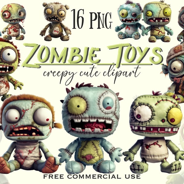 Creepy Cute Zombie Toy Clipart, Fantasy plush zombies png bundle, Halloween funny horror images for collage etc., Free commercial use