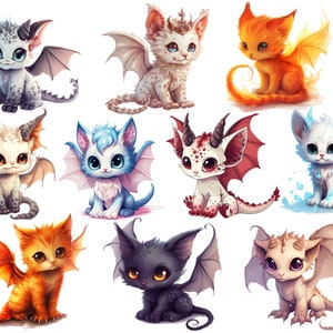 Cute Dragon Cat PNG Bundle, Baby dragon clipart, Cute kitten clipart, Fantasy baby animals png, Fairy cat art, Cute little dragon images image 2