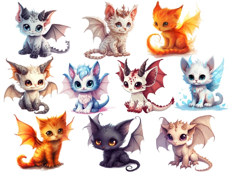 Cute Dragon Cat PNG Bundle, Baby dragon clipart, Cute kitten clipart, Fantasy baby animals png, Fairy cat art, Cute little dragon images image 2