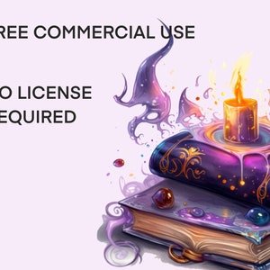 May include: Two stacked books with a purple cover and gold accents. A lit candle sits on top of the books, dripping wax. The books are surrounded by purple and gold swirls.