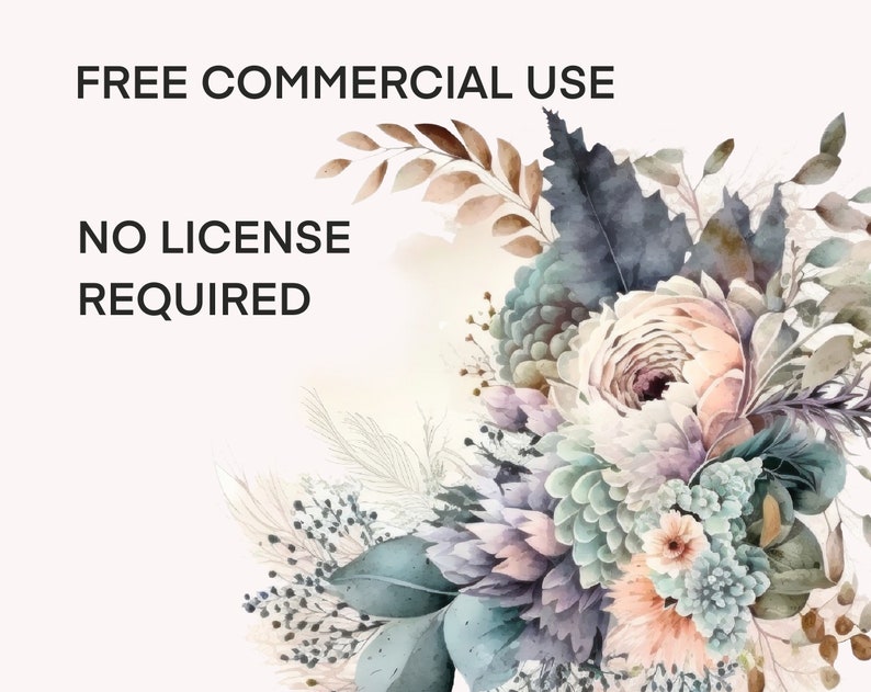 May include: A watercolor illustration of a bouquet of flowers with a light blue, pink, and white color scheme. The text "FREE COMMERCIAL USE NO LICENSE REQUIRED" is displayed above the flowers.