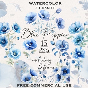 Clipart aquarelle coquelicot de Californie bleu, bundle PNG coquelicot aquarelle, coquelicot peinture png, png floral bleu, clipart fleur aquarelle