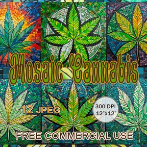 Conjunto de arte de cannabis en mosaico, arte de mosaico digital, clipart de hojas de marihuana, arte digital de hojas de cáñamo, clipart 420, arte de marihuana con hojas de marihuana, arte hippie