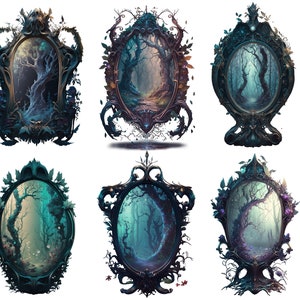 Puede incluir: Seis marcos ovalados ornamentados de color azul oscuro con intrincados tallados y acentos florales. Cada marco contiene una pintura de un bosque oscuro y misterioso con &aacute;rboles y un camino.