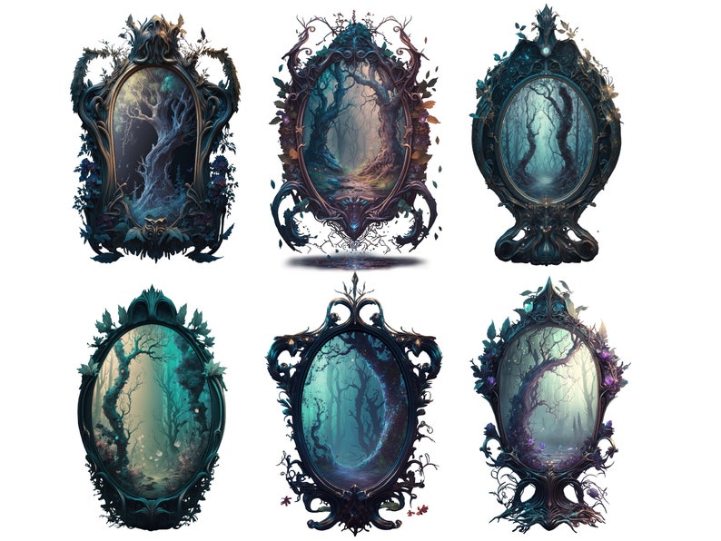 Puede incluir: Seis marcos ovalados ornamentados de color azul oscuro con intrincados tallados y acentos florales. Cada marco contiene una pintura de un bosque oscuro y misterioso con &aacute;rboles y un camino.