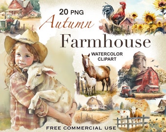 Farmhouse clipart, Fall clipart, Country png, Summer clipart, Farm png, Farm animals png, Farm animals clipart, Watercolor clipart