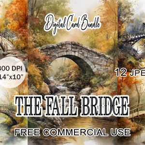 De herfstbrug clipart, digitale kaartbundel aquarel rivierlandschap, afdrukbare afbeeldingen van hoge kwaliteit voor het maken van kaarten, gratis commercieel gebruik