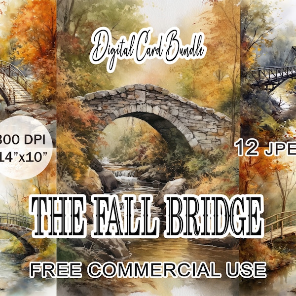 The fall bridge clipart, Watercolor river landscape digital card bundle, High quality printable images for card making, Free commercial use