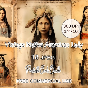Paquete de tarjetas vintage de mujeres nativas americanas, paquete de efímeras vintage imprimibles, diario basura para niñas, retrato digital de una mujer india americana