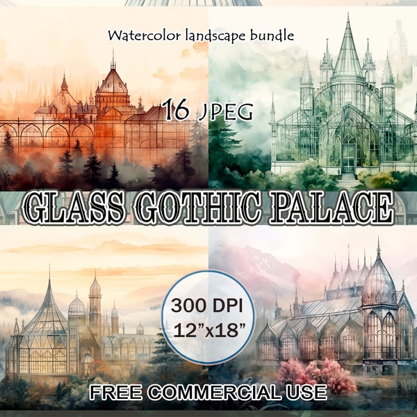 Glass Gothic Palace Art Bundle, Foggy gothic castle landscape art, Pastel goth clipart, Light gothic clipart, Watercolor landscape clipart