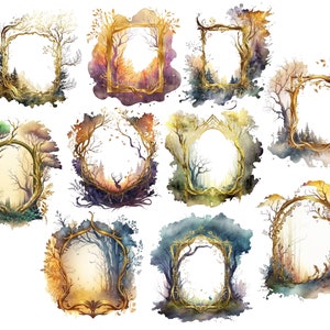 May include: A collection of watercolor illustrations featuring ornate, golden frames with tree and forest themes. Each frame has a unique design, with varying shapes and forest scenes in the background. The color palette includes gold, green, brown, and purple.