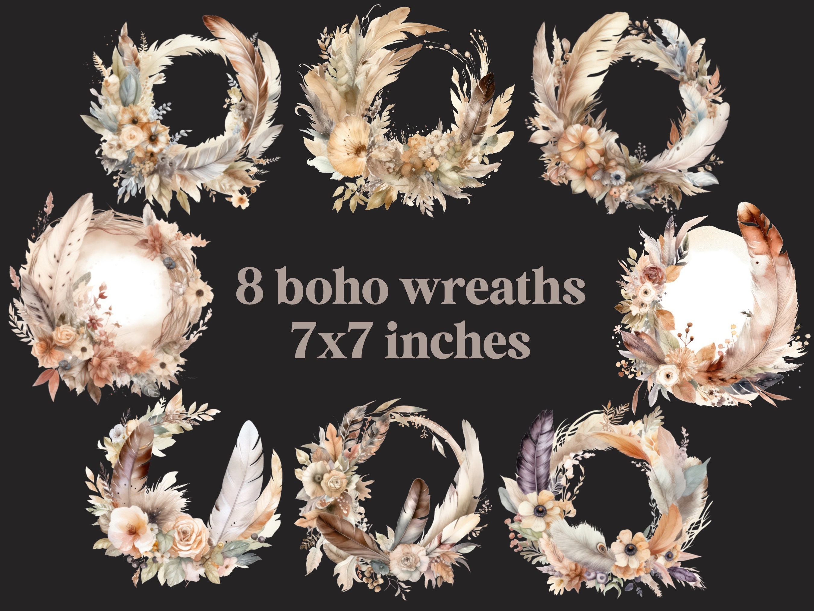 Neutral Boho Flower Wreath Clipart, Wedding Bouquet With Feathers Png ...