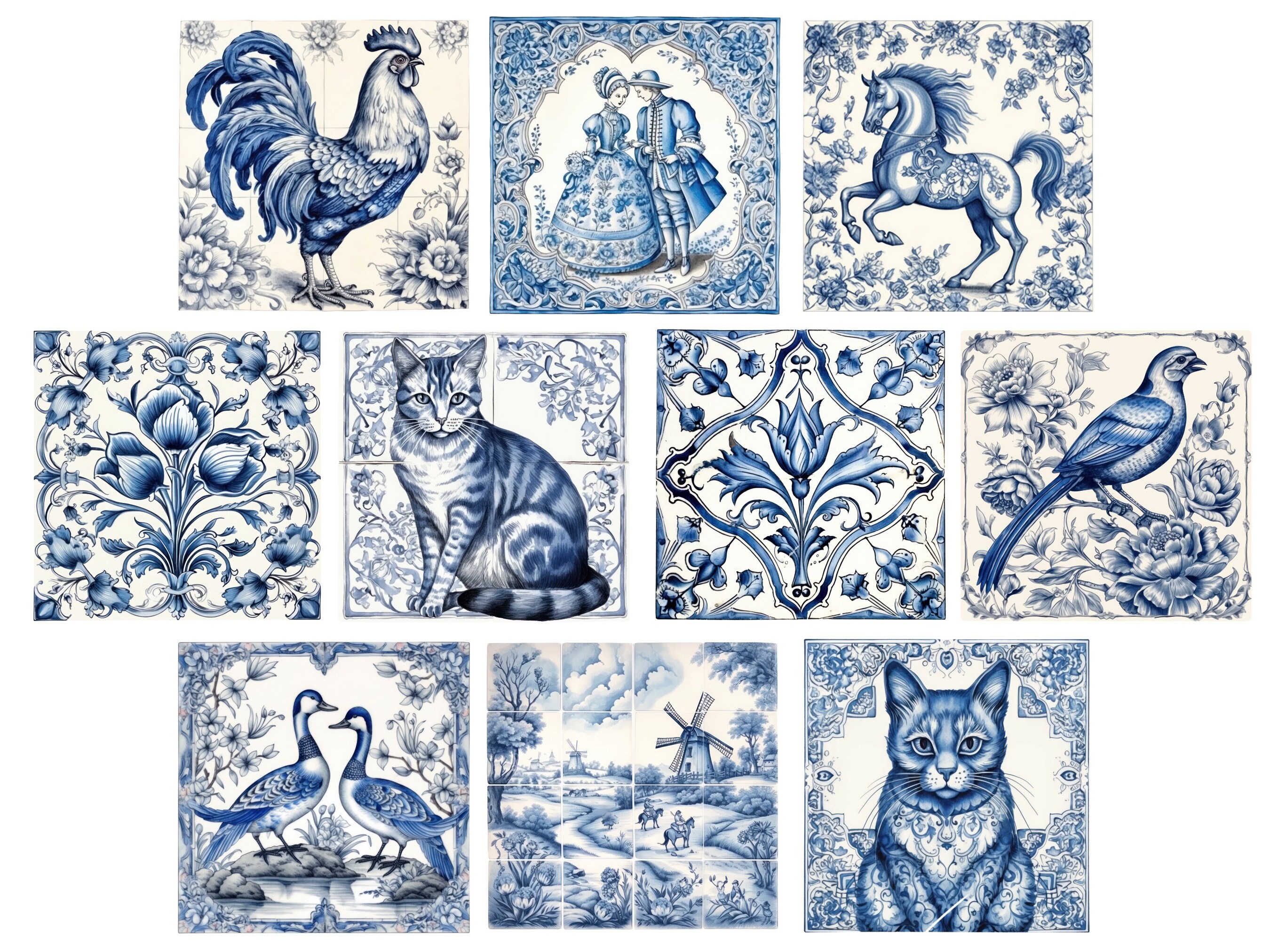 Delft Ceramic Tile Clipart, Home Decor White & Blue Ornament Tiles Png ...
