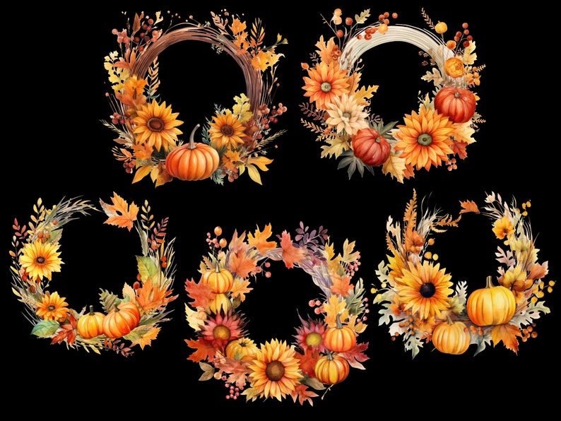 Autumn Wreath Clipart, Watercolor Fall Wreath Png Bundle, Transparent ...