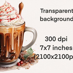 May include: A digital illustration of a hot chocolate drink with whipped cream and red sauce topping in a clear glass mug with a handle. The mug is sitting on a surface with red berries, cinnamon sticks, and a star anise.
