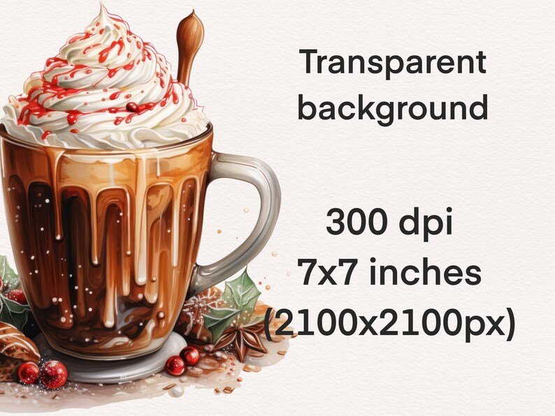 May include: A digital illustration of a hot chocolate drink with whipped cream and red sauce topping in a clear glass mug with a handle. The mug is sitting on a surface with red berries, cinnamon sticks, and a star anise.