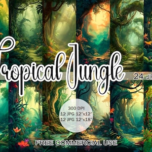 Clipart jungle tropicale, images jpeg de paysage féerique à usage commercial gratuit, pour la conception, l'impression, le collage, l'album, le journal indésirable, etc.