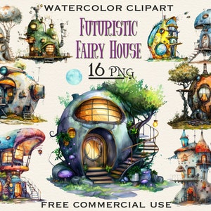Pacchetto PNG Futuristic Fairy House, Clipart Steampunk Fantasy ad acquerello, Clipart Cottagecore Sci-Fi, Clipart di una graziosa casetta, PNG stravaganti