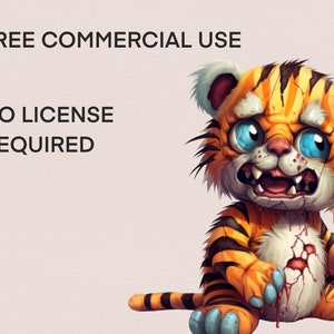 Peut inclure: Illustration de dessin anim&eacute; d'un ourson tigre orange et noir ensanglant&eacute; avec des yeux bleus. Le texte "FREE COMMERCIAL USE NO LICENSE REQUIRED" est affich&eacute; au-dessus de l'image.