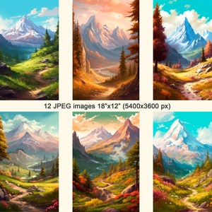 Clip art de montanha, pacote de pintura digital de paisagem em jpeg com uso comercial gratuito, para design, colagem, scrapbooking, diário de recortes etc. imagem 3