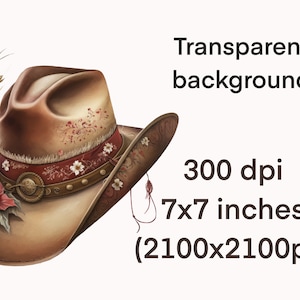May include: A brown cowboy hat with floral embellishments and a red band. The hat has a distressed look and is decorated with white and red flowers. The hat is 7x7 inches and 300 dpi.