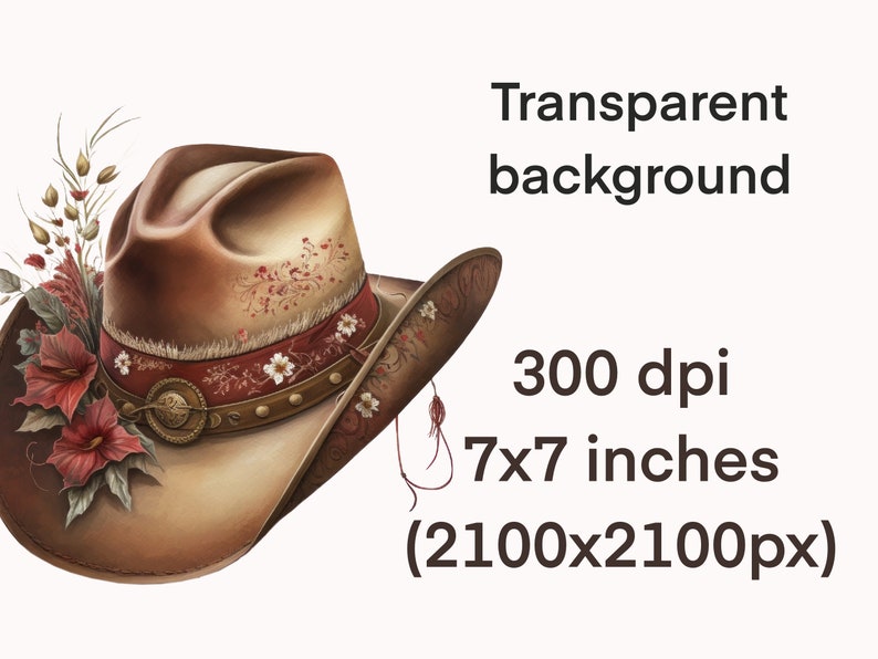May include: A brown cowboy hat with floral embellishments and a red band. The hat has a distressed look and is decorated with white and red flowers. The hat is 7x7 inches and 300 dpi.