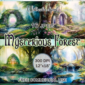 Mysterious Forest Art Bundle, Watercolor landscape painting, Fairy tale clipart, Landscape clipart, Enchanted forest art, Fantasy clipart