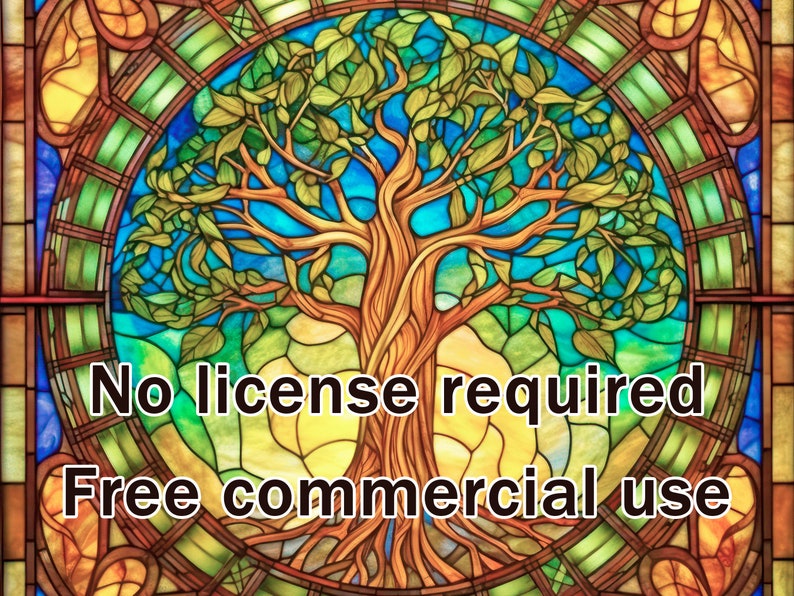 Op de afbeelding: Een glas-in-loodraam met een kleurrijk boomontwerp. De tekst "No license required" en "Free commercial use" is zichtbaar onderaan de afbeelding.