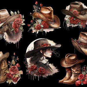 May include: Nine digital illustrations of cowboy hats with red roses and greenery. The hats are brown and have a worn look. Some of the hats are paired with boots.