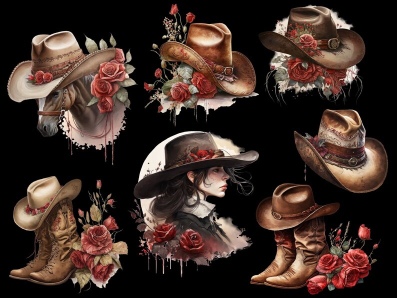 May include: Nine digital illustrations of cowboy hats with red roses and greenery. The hats are brown and have a worn look. Some of the hats are paired with boots.