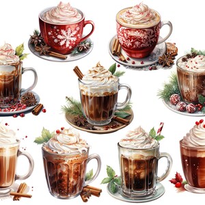May include: Eight different mugs of hot chocolate with whipped cream and various toppings, including cinnamon sticks, star anise, and candy canes. The mugs are on a white background.