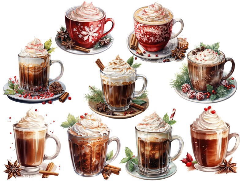 May include: Eight different mugs of hot chocolate with whipped cream and various toppings, including cinnamon sticks, star anise, and candy canes. The mugs are on a white background.