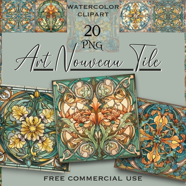 Art nouveau tiles clipart, Flower ornament ceramic tile png bundle for design, collage, prints, scrapbooking etc., Free commercial use