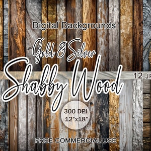 Imágenes prediseñadas de madera desgastada, papel rústico shabby chic, texturas de fondo digitales con vetas de madera doradas y plateadas, uso comercial gratuito, kit de diario basura