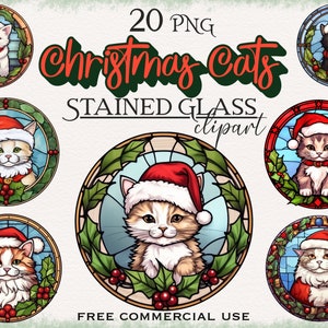 Clipart de chats de Noël en vitrail, lot d'images png Suncatcher cat portrait, oeuvre d'art numérique de vacances pour amoureux des animaux de compagnie, usage commercial gratuit