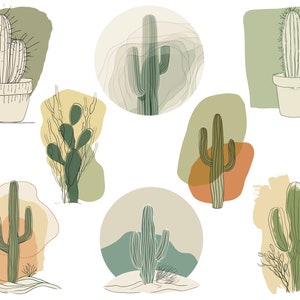 May include: A collection of nine illustrations of cacti in various styles. The cacti are drawn in a minimalist line art style and are set against abstract backgrounds in shades of green, yellow, orange, and brown.