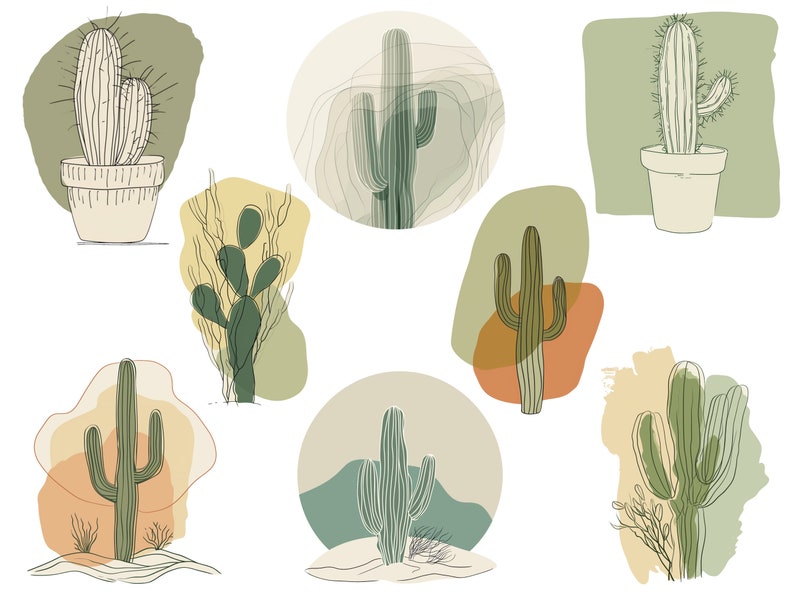 May include: A collection of nine illustrations of cacti in various styles. The cacti are drawn in a minimalist line art style and are set against abstract backgrounds in shades of green, yellow, orange, and brown.