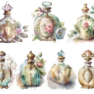 May include: Six vintage-style glass perfume bottles with ornate gold detailing and stoppers. Each bottle is decorated with floral accents and watercolor-style backgrounds.