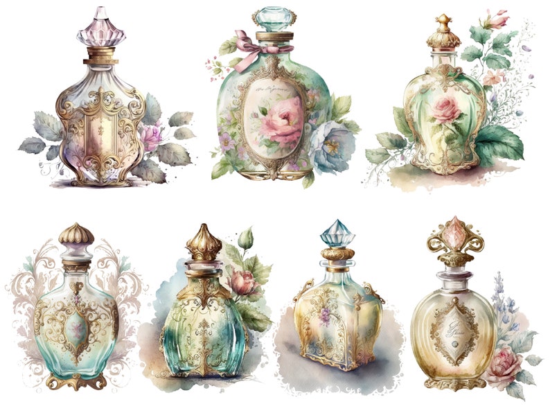 May include: Six vintage-style glass perfume bottles with ornate gold detailing and stoppers. Each bottle is decorated with floral accents and watercolor-style backgrounds.