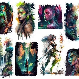 May include: A digital art collage featuring eight images of women with vibrant colors and jungle themes. The women are depicted with intricate details, including feathers, flowers, and animal prints. The jungle scenes are lush and vibrant, with waterfalls, palm trees, and other tropical foliage.